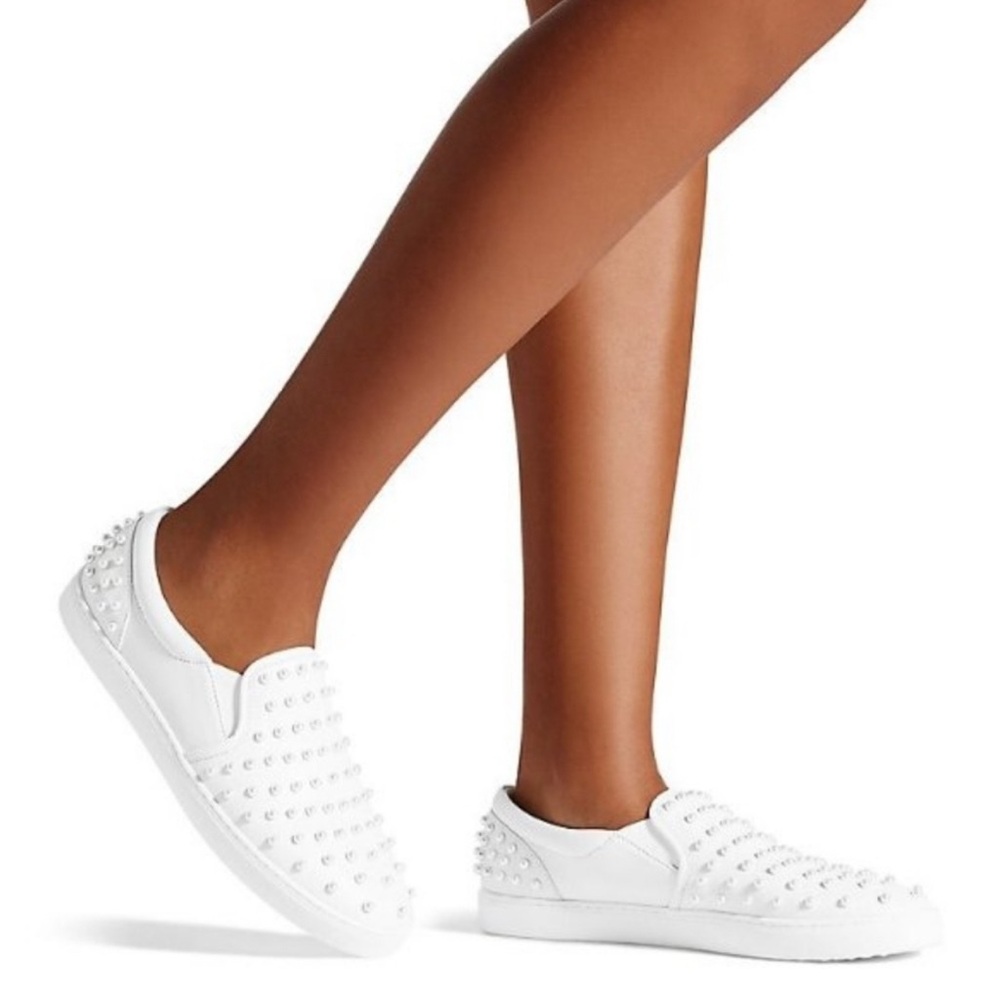 STUART WEITZMAN Goldie Leather Slip-On Sneakers With Pearls